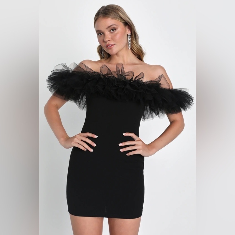 NWT Lulus Luxurious Charm Black Tulle Off-the-Shoulder Mini Dress Small